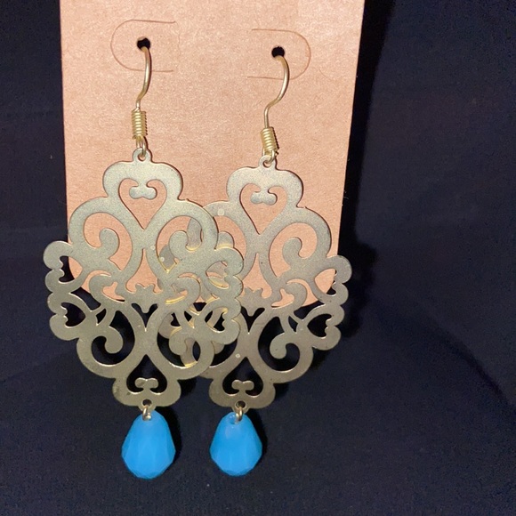 Boho Gold colour earrings with Turquoise accent 6cm long - Picture 3 of 3